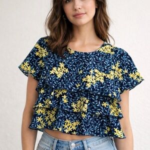 Zara Basic Floral Tiered Ruffle Navy Blue Yellow Crop Top Size S